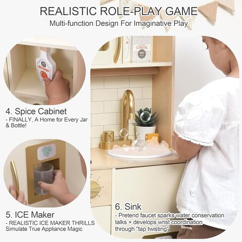 Wooden Play Kitchen for Kids with Ice Maker & 17 Accessories, Toddler Toy Kitchen with Sink, Oven, Stovetop, Microwave, Educational Kitchen Playset Gift for Toddlers Boys Girls Ages 3 to 8 in Saudi Arabia