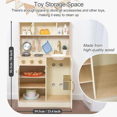 Wooden Play Kitchen for Kids with Ice Maker & 17 Accessories, Toddler Toy Kitchen with Sink, Oven, Stovetop, Microwave, Educational Kitchen Playset Gift for Toddlers Boys Girls Ages 3 to 8 in Saudi Arabia