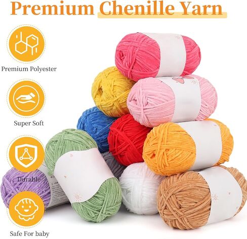 Coopay Skinny Chenille Yarn for Crocheting and Knitting, 12 Pack of 50g/1.76oz - 1764yd Total, Soft Fluffy Crochet Yarn of Baby Weights - Suitable for Baby Blankets, Plush Toys - Super Soft(12 Colors) in Saudi Arabia