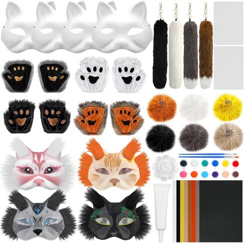 42 Pcs Therian Cat Mask DIY Kit Mask Gloves Tail Set with Felt Pieces, Faux Fur, Eye Nets, Paint Brushes and Palettes for Halloween Cosplay Party in Saudi Arabia