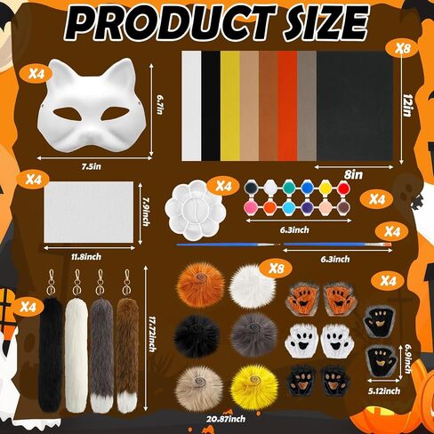 42 Pcs Therian Cat Mask DIY Kit Mask Gloves Tail Set with Felt Pieces, Faux Fur, Eye Nets, Paint Brushes and Palettes for Halloween Cosplay Party in Saudi Arabia