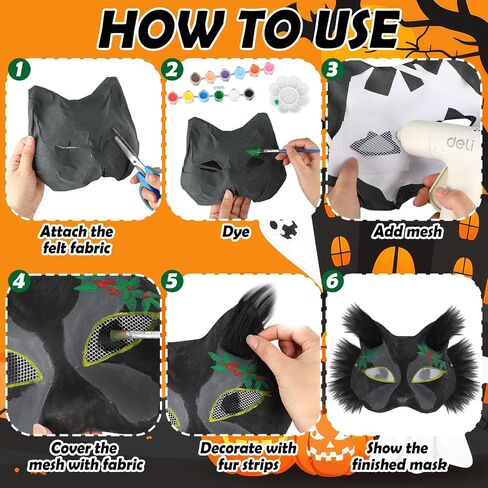 42 Pcs Therian Cat Mask DIY Kit Mask Gloves Tail Set with Felt Pieces, Faux Fur, Eye Nets, Paint Brushes and Palettes for Halloween Cosplay Party in Saudi Arabia