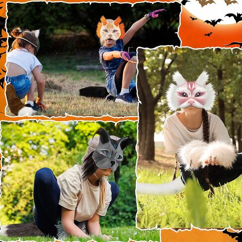 42 Pcs Therian Cat Mask DIY Kit Mask Gloves Tail Set with Felt Pieces, Faux Fur, Eye Nets, Paint Brushes and Palettes for Halloween Cosplay Party in Saudi Arabia