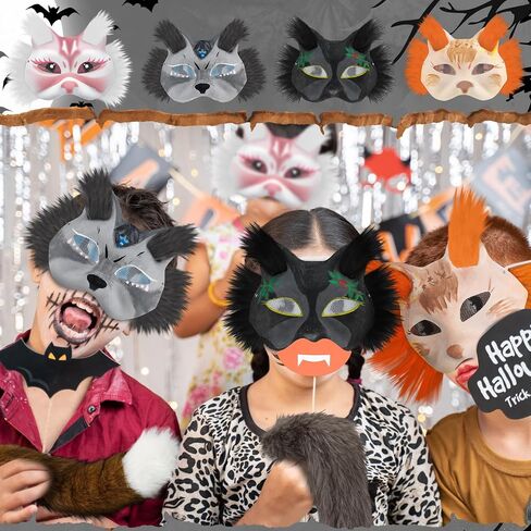 42 Pcs Therian Cat Mask DIY Kit Mask Gloves Tail Set with Felt Pieces, Faux Fur, Eye Nets, Paint Brushes and Palettes for Halloween Cosplay Party in Saudi Arabia