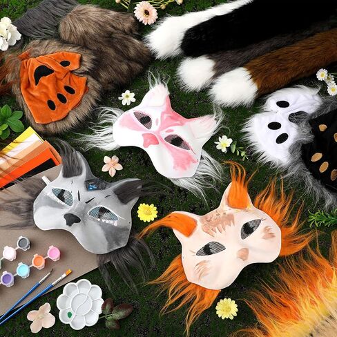 42 Pcs Therian Cat Mask DIY Kit Mask Gloves Tail Set with Felt Pieces, Faux Fur, Eye Nets, Paint Brushes and Palettes for Halloween Cosplay Party in Saudi Arabia