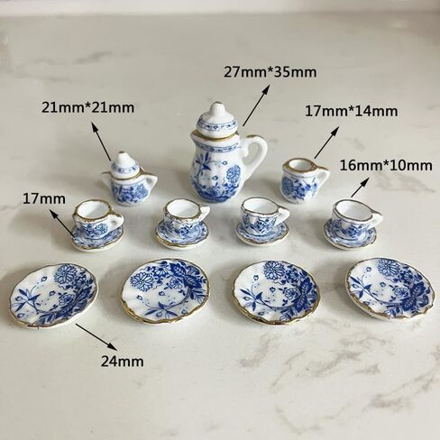 15 PCS Blue 1:12 Miniature Porcelain Chintz Tea Cup Set Dollhouse Accessories in Saudi Arabia