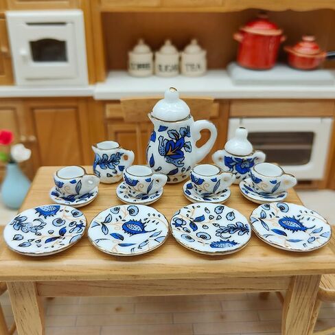 15 PCS Blue 1:12 Miniature Porcelain Chintz Tea Cup Set Dollhouse Accessories in Saudi Arabia