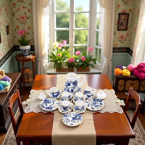 15 PCS Blue 1:12 Miniature Porcelain Chintz Tea Cup Set Dollhouse Accessories in Saudi Arabia
