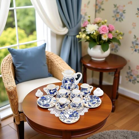 15 PCS Blue 1:12 Miniature Porcelain Chintz Tea Cup Set Dollhouse Accessories in Saudi Arabia