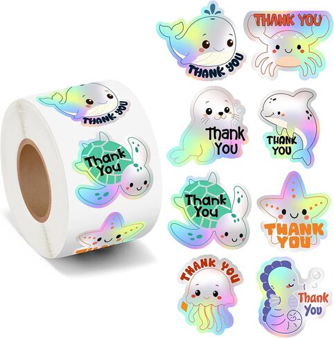 500Pcs Holographic Ocean Animal Thank You Stickers Roll Under The Sea Marine Life Creature Turtle Jellyfish Dolphin Self-Adhesive Labels for Small Business Packaging Envelopes Seals Gift Bags Boxes in Kuwait