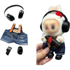 for Labubu 17cm Doll Clothes Set - Official Style 3-Piece Outfit (Straps Pants+Headphones+Shoes) | Cute Streetwear for Labubu Dolls 6.7-inch Collectible (Doll Not Included) in Kuwait