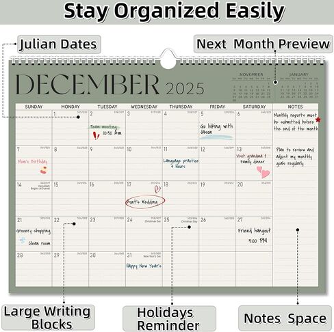 Calendar 2025-2026, Monthly Wall Calendar, Runs Until Dec 2026, 14.5" x 11.5", Large Daily Blocks, Thick Paper, Easy-Flip Spiral Binding, Julian Dates Perfect for Home & Office Organization in Saudi Arabia