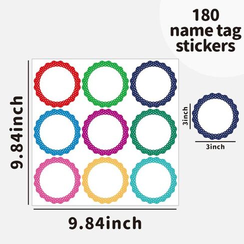 180 Pcs Polka Dot Colorful Name Tags Labels Stickers, 9 Designs Round Blank Large Nametags Badge Labels Stickers for Themed Home School Party Family 3x2 inches in Saudi Arabia