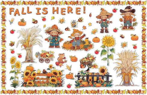 Cholemy 165 Pcs Fall Bulletin Board Decor Sets Harvest Thanksgiving Classroom Bulletin Board Maple Leaves Borders Corn Haystack Scarecrows Fence Cutouts for Thanksgiving Wall Chalkboard Decor in Saudi Arabia