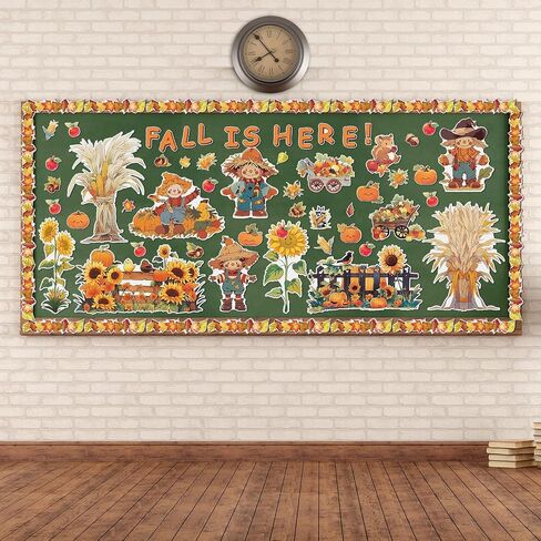 Cholemy 165 Pcs Fall Bulletin Board Decor Sets Harvest Thanksgiving Classroom Bulletin Board Maple Leaves Borders Corn Haystack Scarecrows Fence Cutouts for Thanksgiving Wall Chalkboard Decor in Saudi Arabia