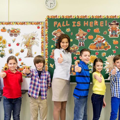 Cholemy 165 Pcs Fall Bulletin Board Decor Sets Harvest Thanksgiving Classroom Bulletin Board Maple Leaves Borders Corn Haystack Scarecrows Fence Cutouts for Thanksgiving Wall Chalkboard Decor in Saudi Arabia