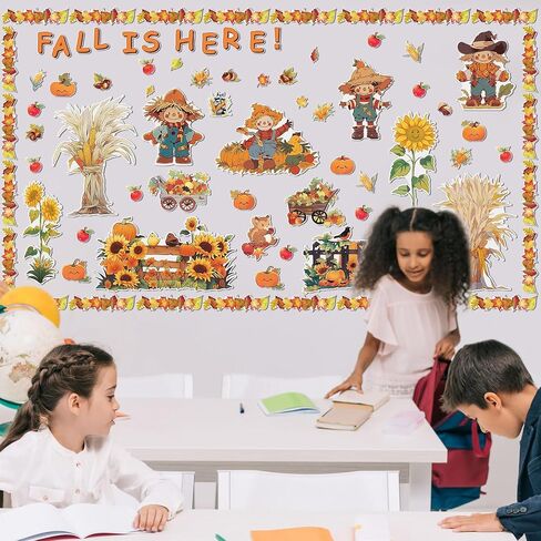 Cholemy 165 Pcs Fall Bulletin Board Decor Sets Harvest Thanksgiving Classroom Bulletin Board Maple Leaves Borders Corn Haystack Scarecrows Fence Cutouts for Thanksgiving Wall Chalkboard Decor in Saudi Arabia