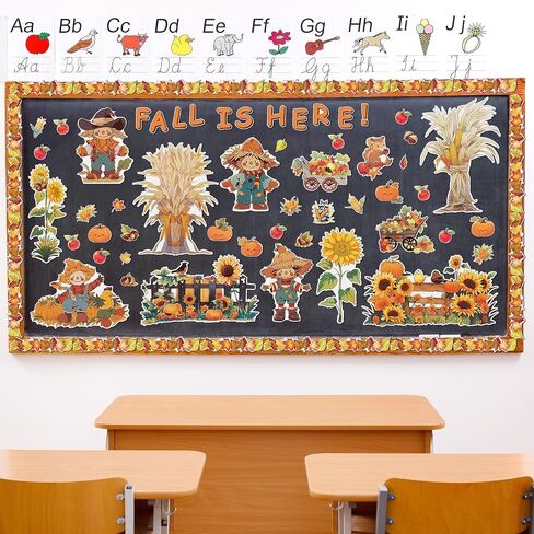 Cholemy 165 Pcs Fall Bulletin Board Decor Sets Harvest Thanksgiving Classroom Bulletin Board Maple Leaves Borders Corn Haystack Scarecrows Fence Cutouts for Thanksgiving Wall Chalkboard Decor in Saudi Arabia