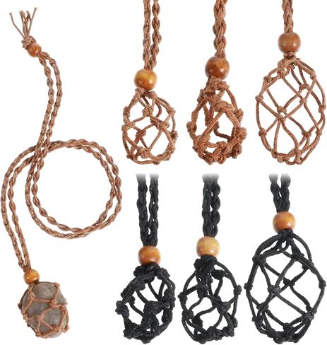 6 Pcs Adjustable Crystal Cage, Quartz Crystals Stone Cord, Crystal Cage Necklace Holder, Empty Necklace Holder, Empty Bracelet Holders for DIY Jewelry Making, Brown, Black in Saudi Arabia