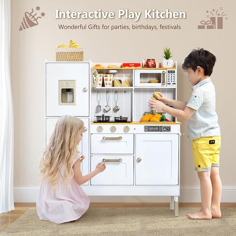 Kinder King Wooden Kids يلعبون المطبخ ، المطبخ للطفل طفل ، لعب لعبة المطبخ مجموعة مع أصوات حقيقية ، تظاهر الفرن الميكروويف ، صانع الجليد ، الهاتف ، هدية للبنين الفتيات 3+ ، الوردي in Kuwait