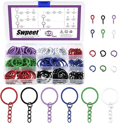 SWPEET 372PCS 6 COLORS 25MM - 1INCH KEY BRING RINGS KIT ، تتضمن حلقات مفاتيح 72 ٪ 25 ملم مع سلسلة ، حلقة الوثب المفتوحة 150pcs و 150pcs دبابيس العين المسمار لحرف DIY وصنع المجوهرات in Saudi Arabia