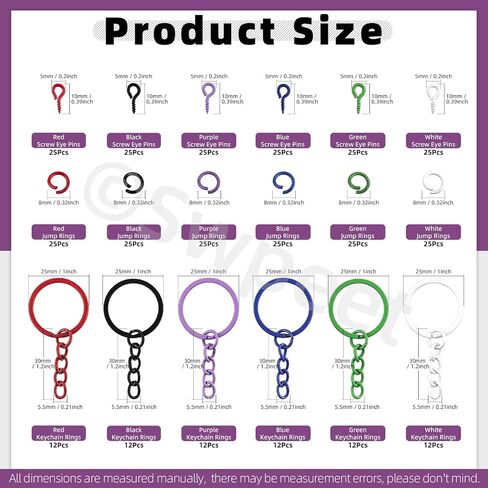 SWPEET 372PCS 6 COLORS 25MM - 1INCH KEY BRING RINGS KIT ، تتضمن حلقات مفاتيح 72 ٪ 25 ملم مع سلسلة ، حلقة الوثب المفتوحة 150pcs و 150pcs دبابيس العين المسمار لحرف DIY وصنع المجوهرات in Saudi Arabia
