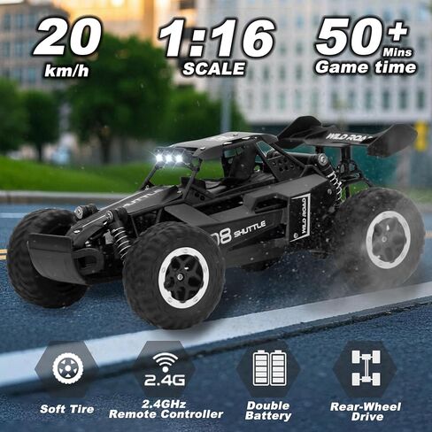 سيارات التحكم عن بعد RC CARS 1:16 جميع التضاريس Monster Truck LED LED HELDHOLS ، Outdoor 2WD OFF ROAD HOPBY RC 2.4GHz HIGH ، 20 KM/H RC CAR TOYS GIFT FOR KIDS BOYS 3 4 5-12 (Black) in Kuwait