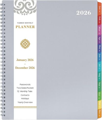 2026 مخطط شهري - 2026 مخطط ، يناير. 2026 - ديسمبر 2026 ، 8.5 "× 11" مخطط/تقويم شهري ، مخطط لمدة 12 شهرًا مع علامات تبويب وجيب وملصقات ، جهات اتصال وكلمات مرور ، ورق سميك ، ربط مزدوج - رمادي - رمادي in Saudi Arabia