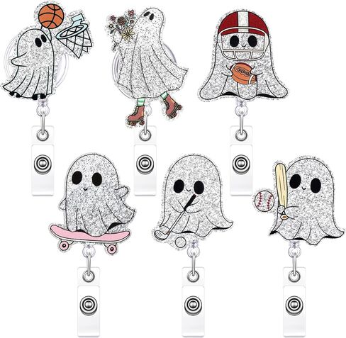 Geyoga 6 PCS Halloween Badge Beends Bookish Ghost Glow in the Dark Funny Reading Hold Spooky Badge Holder Glitter Tage Tag Tag Tage مع هدايا مقطع التمساح لصالح مكتب العطلة الهالوين in Saudi Arabia