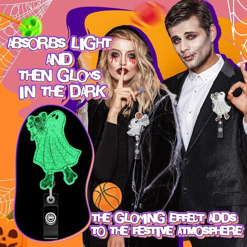Geyoga 6 PCS Halloween Badge Beends Bookish Ghost Glow in the Dark Funny Reading Hold Spooky Badge Holder Glitter Tage Tag Tag Tage مع هدايا مقطع التمساح لصالح مكتب العطلة الهالوين in Saudi Arabia