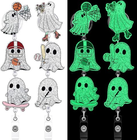 Geyoga 6 PCS Halloween Badge Beends Bookish Ghost Glow in the Dark Funny Reading Hold Spooky Badge Holder Glitter Tage Tag Tag Tage مع هدايا مقطع التمساح لصالح مكتب العطلة الهالوين in Saudi Arabia