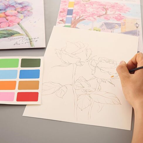 11.41 x 8.26 inch Watercolor Workbook for Adults, Easy Nature Scenes Paint Coloring Book Paint,Water Coloring Book with 4 Floral Drawings 2 Pigment Card and 1 Brush (Flower Cluster) in Saudi Arabia
