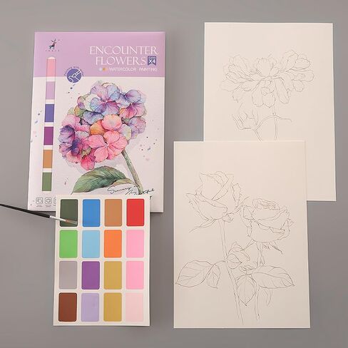 11.41 x 8.26 inch Watercolor Workbook for Adults, Easy Nature Scenes Paint Coloring Book Paint,Water Coloring Book with 4 Floral Drawings 2 Pigment Card and 1 Brush (Flower Cluster) in Saudi Arabia