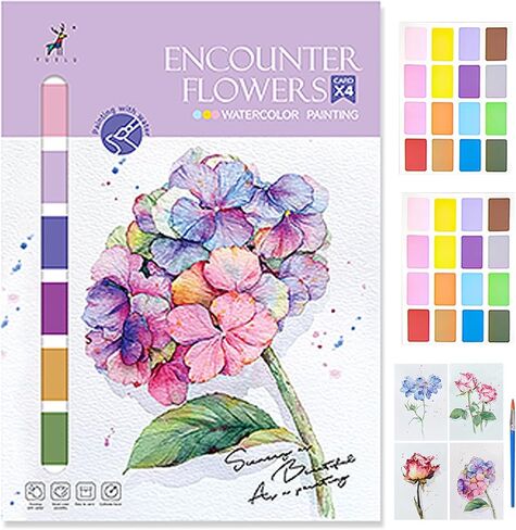 11.41 x 8.26 inch Watercolor Workbook for Adults, Easy Nature Scenes Paint Coloring Book Paint,Water Coloring Book with 4 Floral Drawings 2 Pigment Card and 1 Brush (Flower Cluster) in Saudi Arabia