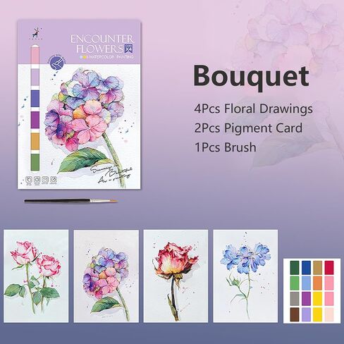 11.41 x 8.26 inch Watercolor Workbook for Adults, Easy Nature Scenes Paint Coloring Book Paint,Water Coloring Book with 4 Floral Drawings 2 Pigment Card and 1 Brush (Flower Cluster) in Saudi Arabia