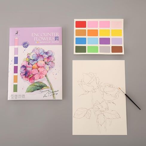 11.41 x 8.26 inch Watercolor Workbook for Adults, Easy Nature Scenes Paint Coloring Book Paint,Water Coloring Book with 4 Floral Drawings 2 Pigment Card and 1 Brush (Flower Cluster) in Saudi Arabia