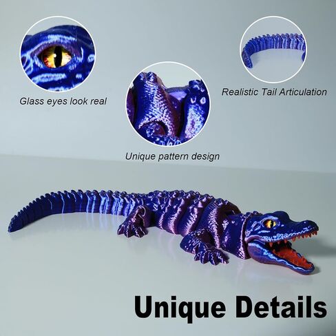 3D Printed Articulated Crocodile - Opening Mouth and Glass Eyes - Flexible Joint Animal Models - Surprise Gifts for Fidget Enthusiasts - Made from PLA - Black and White in Saudi Arabia