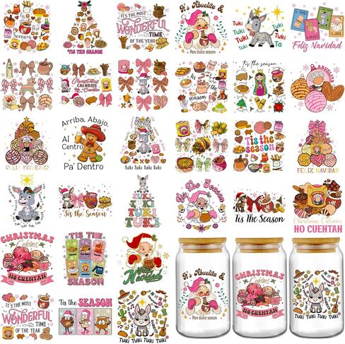Christmas UV DTF Cup Wraps - 30 Sheets Jesus is Coming UV DTF Stickers for 16 20 oz Tumbler, Cute Pink Bow Crystal Ball Farmhouse Sublimation Transfer Sticker Decal DIY Glass Water Bottle Decoration in Saudi Arabia