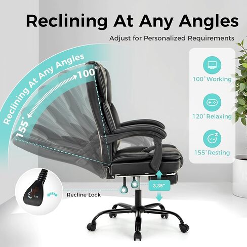 ALPHA HOME Ergonomic Office Chair with footrest, Big and Tall Executive Office Chair with Padded Flip-up Arms&Backrest, 155° Reclining, PU Leather, Great for Home, Office, Studio&Game Room in Kuwait