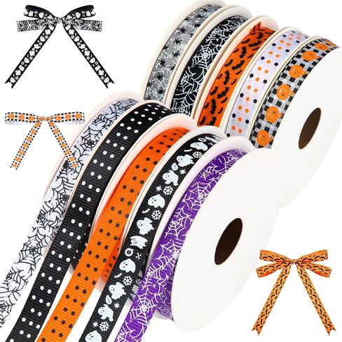 10 PCS هالوين حافة الحافة الشريط Grosgrain 3/8 بوصات 100 ياردة شرائط هالوين رقيقة BAT Spider Web Pumpkin Grosgrain Ghost Larrow Crafts for Gift Wrapp Party Sewing Diy Supplies Supplies in Saudi Arabia