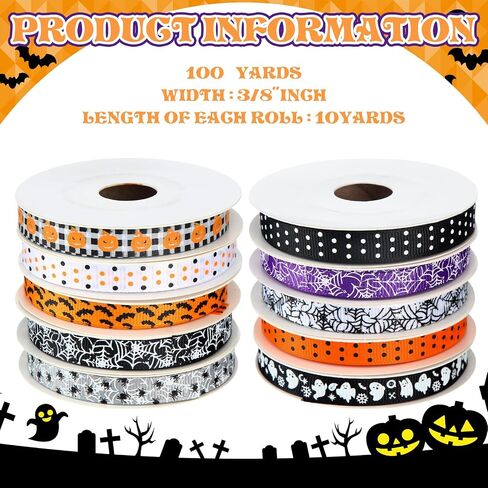 10 PCS هالوين حافة الحافة الشريط Grosgrain 3/8 بوصات 100 ياردة شرائط هالوين رقيقة BAT Spider Web Pumpkin Grosgrain Ghost Larrow Crafts for Gift Wrapp Party Sewing Diy Supplies Supplies in Saudi Arabia