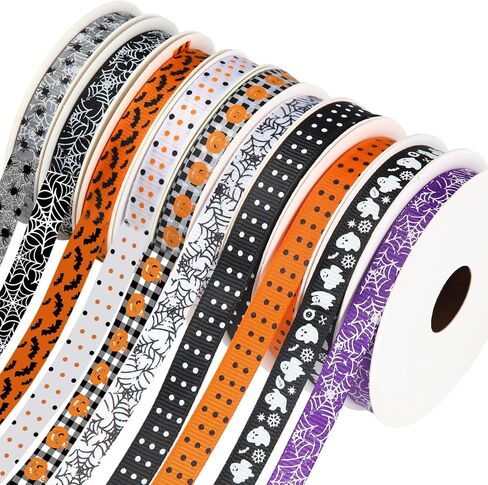 10 PCS هالوين حافة الحافة الشريط Grosgrain 3/8 بوصات 100 ياردة شرائط هالوين رقيقة BAT Spider Web Pumpkin Grosgrain Ghost Larrow Crafts for Gift Wrapp Party Sewing Diy Supplies Supplies in Saudi Arabia