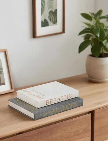 Real Pages Decorative Books Genuine Linen Gold Copper Foiling Engraved Books for Aesthetic Decoration Home Decor Bookshelf Coffee Table Bedside Table Mantle Decor, Set of 2 Faux/Fake Books in Saudi Arabia
