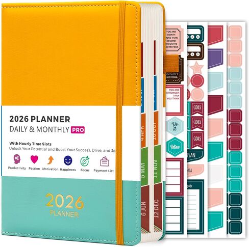 Daily Planner 2026, Planner Calendar Jan 2026 - Dec 2026 with Monthly Tabs, 5.7'' X 8.4'', 365 One Page Per Day Planner with Hourly Schedule, Leather Cover, Inner Pocket, Stickers, for Women/Men in Saudi Arabia