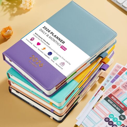 Daily Planner 2026, Planner Calendar Jan 2026 - Dec 2026 with Monthly Tabs, 5.7'' X 8.4'', 365 One Page Per Day Planner with Hourly Schedule, Leather Cover, Inner Pocket, Stickers, for Women/Men in Saudi Arabia