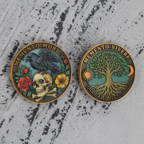 Memento Mori & Memento Vivere Challenge Coin - Tree of Life & Skull Coin مع تفاصيل المينا - 1.57 "سبيكة الزنك ، حالة عرض واقية (عملة واحدة ، نسخة ملونة) in Kuwait