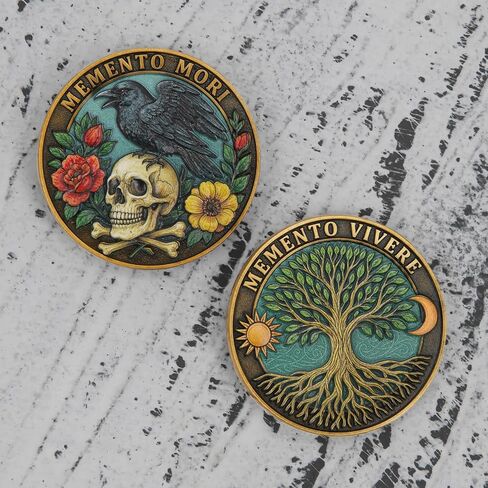 Memento Mori & Memento Vivere Challenge Coin - Tree of Life & Skull Coin مع تفاصيل المينا - 1.57 "سبيكة الزنك ، حالة عرض واقية (عملة واحدة ، نسخة ملونة) in Kuwait