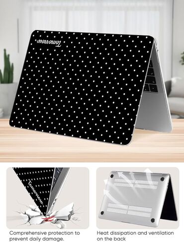 Seorsok Compatible with MacBook Air 13 Inch Case 2022 2021 2020-2018 Release A1932 A2179 M1 A2337 Touch ID,Premium Cream Textured Black Polka Dot Plastic Hard Shell Case with Keyboard Cover,White in Kuwait