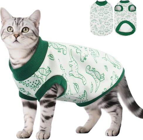 DENTRUN Sleeveless Cat Vest with Dinosaur Print, Breathable Ultra-Soft Dralon Fleece Cat Sweater, All-Season Pet Costume Apparel for Cats, Kitten Clothing for Indoor/Outdoor, Green, S in Kuwait