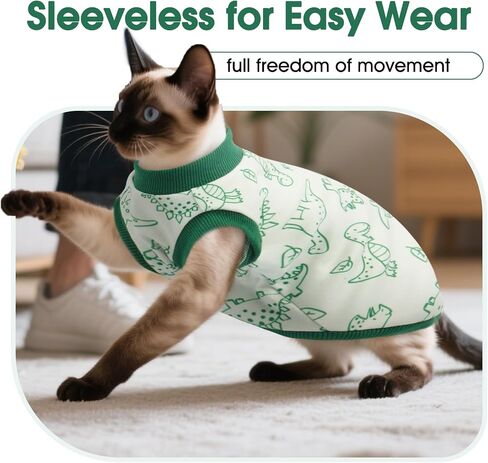 DENTRUN Sleeveless Cat Vest with Dinosaur Print, Breathable Ultra-Soft Dralon Fleece Cat Sweater, All-Season Pet Costume Apparel for Cats, Kitten Clothing for Indoor/Outdoor, Green, S in Kuwait